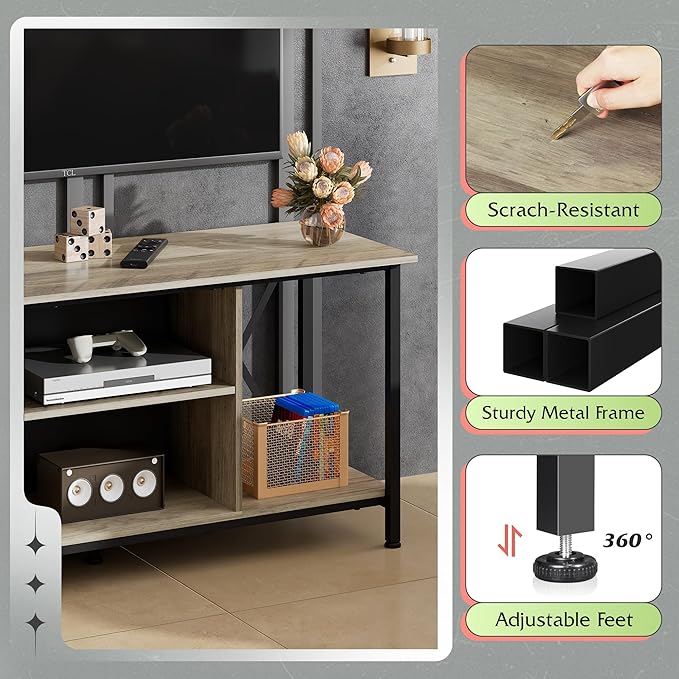 WLIVE Industrial TV Stand for up to 45 inch TV, Heavy-Duty Metal Frame Entertainment Center, Compact Media Console with Adjustable Shelf & Cable Management for Small Spaces, Living Room, Greige