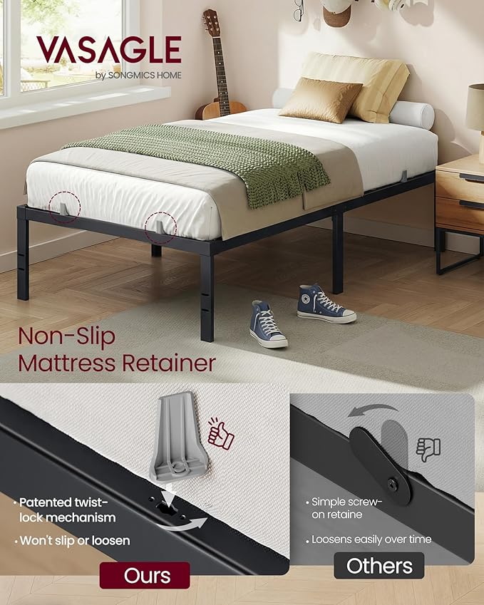 VASAGLE Twin Metal Bed Frame 16 Inches Tall, 550 lb Weight Capacity, No Box Spring Needed, with Under-Bed Storage, Easy Setup, Heavy-Duty Platform Bed, Mattress Retainers, Matte Black URMB663BD02S