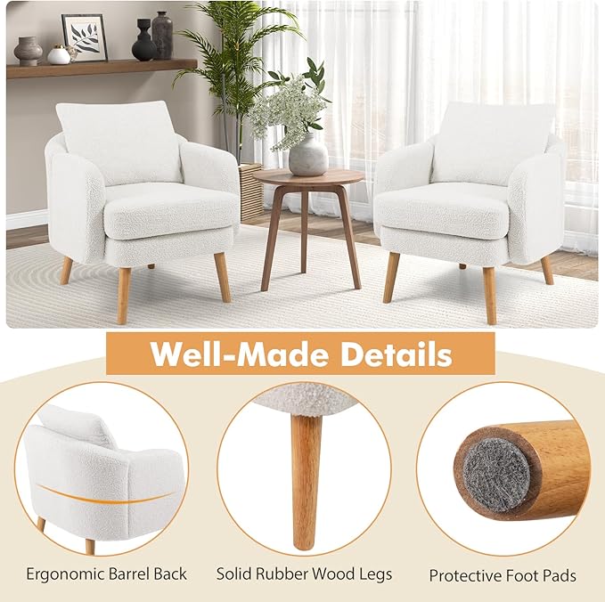Giantex Sherpa Accent Chair Set of 2, Modern Upholstered Single Sofa Chair with Back Pillow & Solid Rubber Wood Legs, Teddy Barrel Arm Chair for Reading, Living Room, Bedroom, Office, White