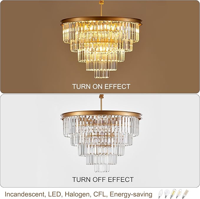 23.23" Gold Crystal Chandelier 12-Light Modern Crystal Pendant Ceiling Light Fixture 5-Tier Luxury K9 Crystal Chandeliers,for Dining Room Kitchen Island Living Room Bedroom