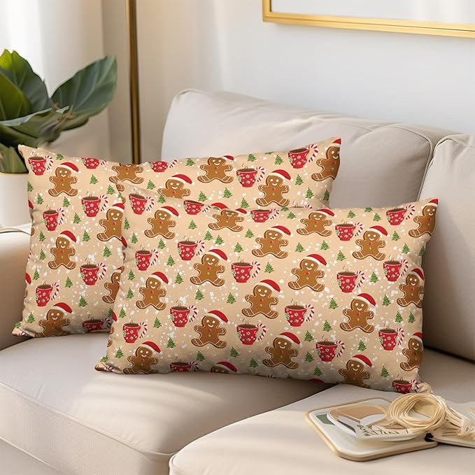 Christmas Gingerbread Lumbar Pillow Covers 12x20 Set of 2 Cute Gingerbread Cafe Xmas Tree Rectangle Throw Pillow Cover Christmas Orange Pillow Case for Home Couch Sofa Winter Decoration