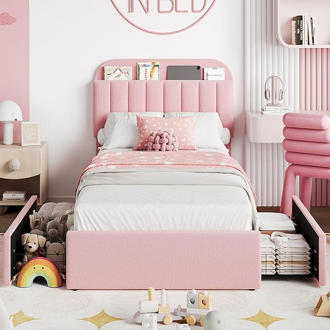 IDEALHOUSE Twin Bed Frame for Kids, Boucle Upholstered Platform Bed for Girls with 2 Flexible Drawers, Bookcase Headboard, Noise-Free, Easy Assembly, No Box Spring Needed, Pink