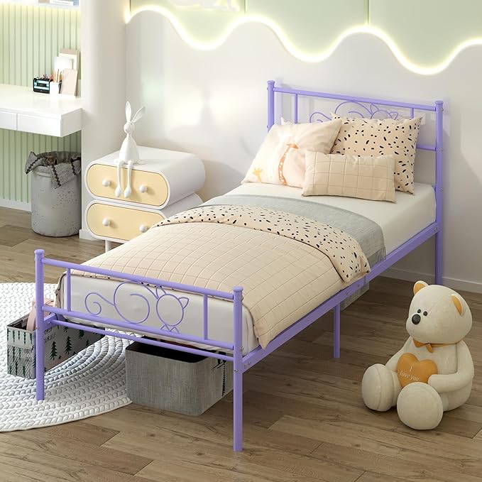 GIME Purple Twin Size Metal Bed Frame for Kids/Girls/Teen/Adult, Cute Cat Design Platform Bed with Hanging Storage Bag, Sturdy Metal Slat Support, No Box Spring Needed, Easy Assembly