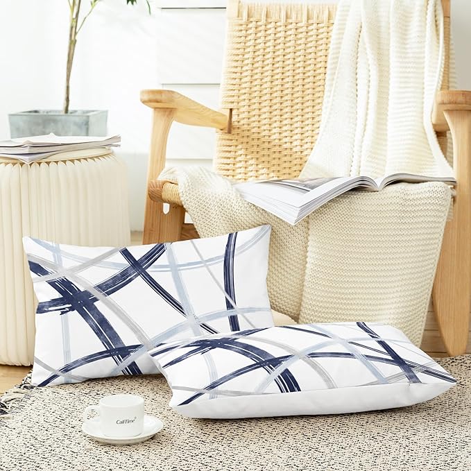 CaliTime Throw Pillow Cases Pack of 2 Cozy Fleece Arc-Shaped Abstract Geometric Lines Decorative Cushion Covers for Couch Bed Sofa Farmhouse Decoration 12 X 20 Inches Navy Baby Blue Grey