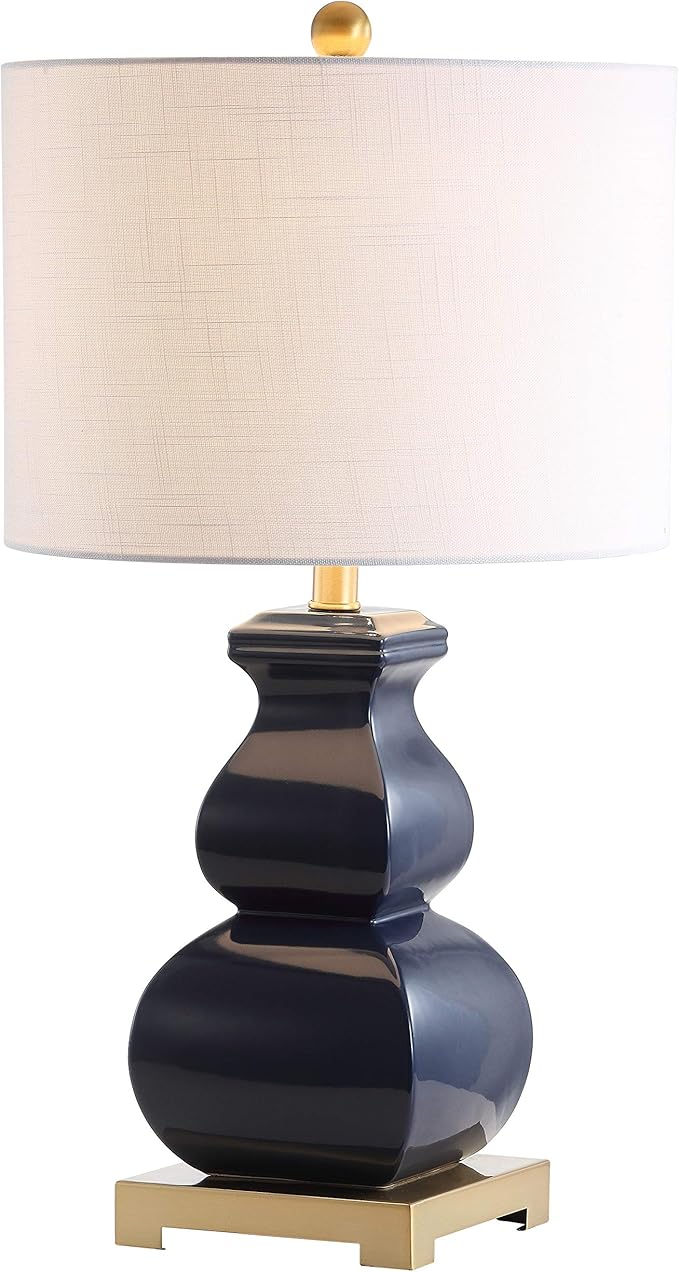 JONATHAN Y 25.5" Navy Blue/Gold Ceramic Table Lamp for Living Room Bedroom, White Linen Shade, Modern Footed Vase Bedside Lamp, LED Bulb Included, UL Listed JYL3049A