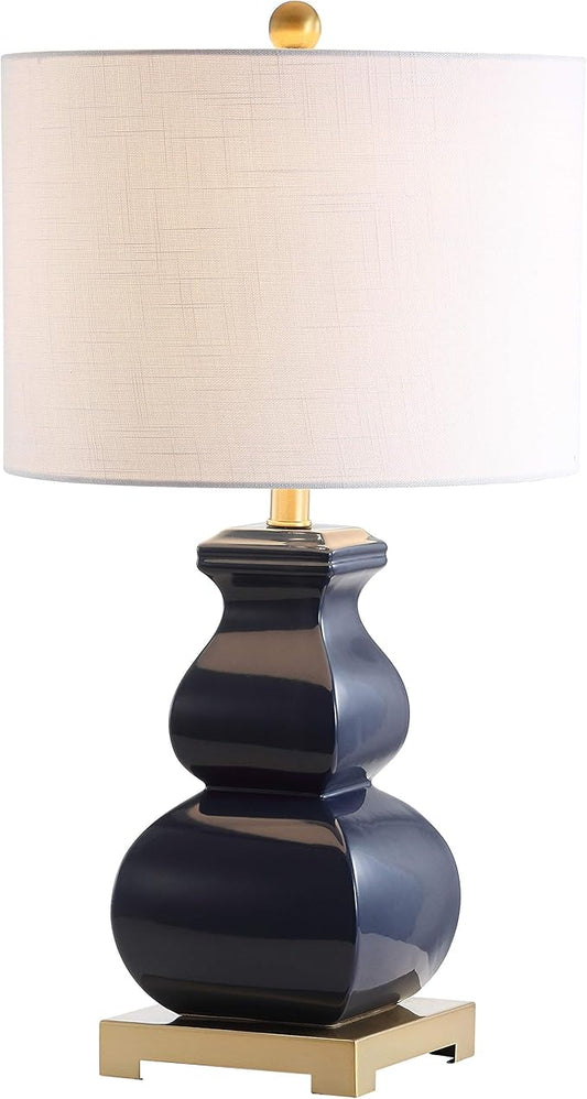 JONATHAN Y 25.5" Navy Blue/Gold Ceramic Table Lamp for Living Room Bedroom, White Linen Shade, Modern Footed Vase Bedside Lamp, LED Bulb Included, UL Listed JYL3049A