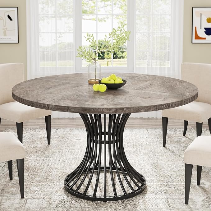 Tribesigns Round Dining Table for 4-6 People, 47-Inch Farmhouse Dinning Room Circle Kitchen Table, Industrial Dinner Table with Metal Base for Kitchen, Living Room, Gray