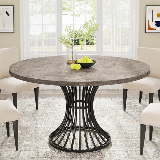Tribesigns Round Dining Table for 4-6 People, 47-Inch Farmhouse Dinning Room Circle Kitchen Table, Industrial Dinner Table with Metal Base for Kitchen, Living Room, Gray