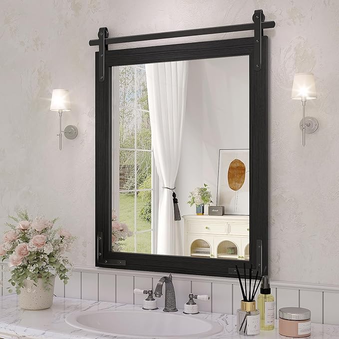 Black Farmhouse Mirror for Wall, 22x30 Inch Wood Framed Rectangle Bathroom Vanity Mirror, Barn Door Style Mirrors Decor Mirror for Living Room Bedroom Entryway