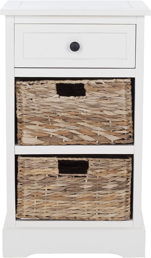 SAFAVIEH Home Collection Carrie Distressed Cream/ Natural Wicker 3-Drawer Storage Nightstand Side Table (Fully Assembled)
