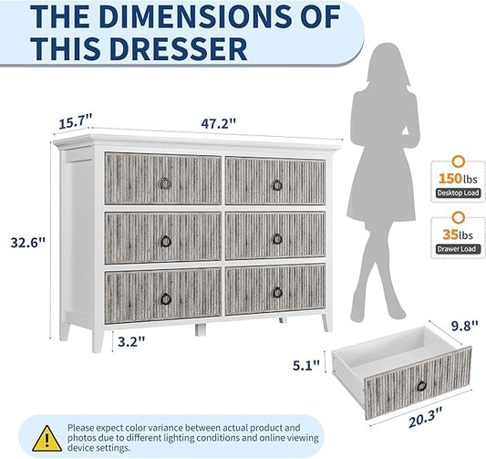 GarveeHome 6 Drawer Dresser for Bedroom, Waveform Fluted Chest with Large Drawer, Wooden Chest of Storage Cabinet, Fluted Dressers for Bedroom Living Room Hallway Closet, Anti-Tipping