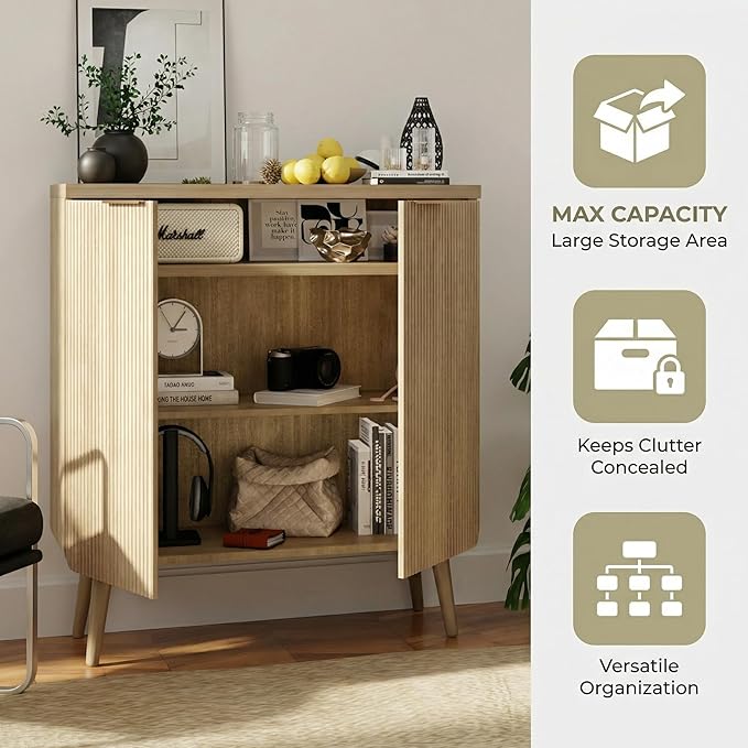 FONTOI 29.5" Wood Fluted Buffet Cabinet with 2 Doors & Storage - Multifunctional Kitchen Sideboard Credenza for Living Room & Entryway, Oak