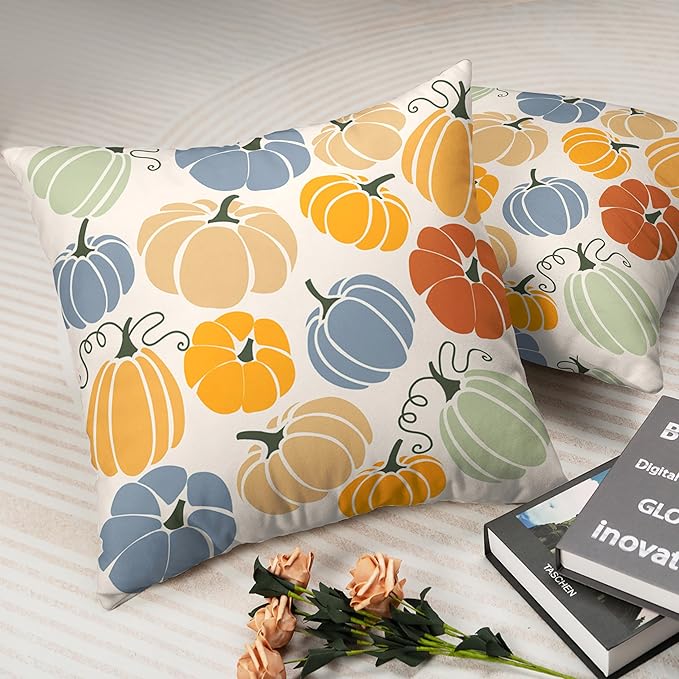 Colorful Pumpkins Pillow Covers Fall Throw Pillow Covers 16x16 Set of 2 Autumn Outdoor Pillow Case Cotton Blend Cushion Case for Farmhouse Couch Patio Bed Car