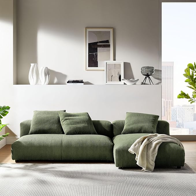 Modway Solace Modular Corduroy Sectional Sofa with Chaise in Fern - Comfy Corduroy Upholstered Deep Seat Sofa - Modern L-Shaped 2-Piece Sectional Sofa Set - 3 Seater Fabric Sofa for Living Room