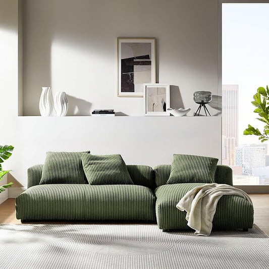 Modway Solace Modular Corduroy Sectional Sofa with Chaise in Fern - Comfy Corduroy Upholstered Deep Seat Sofa - Modern L-Shaped 2-Piece Sectional Sofa Set - 3 Seater Fabric Sofa for Living Room