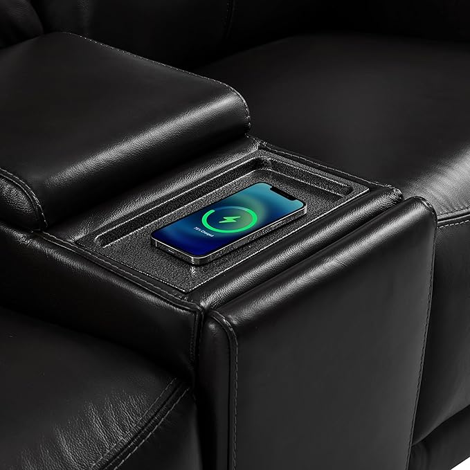 Watson & Whitely Genuine Leather Power Recliner Sofa, 3 Seater Wall Hugger Reclining Sofas with Storage Console, Power Headrest, USB, Electric Recliner Couch Set for Living Room, Black