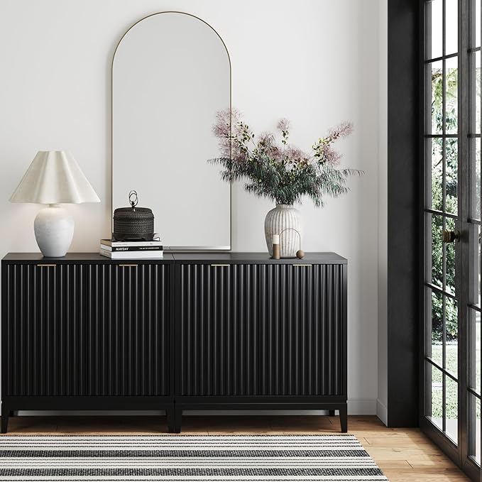 Nathan James Jasper Modern Sideboard, TV Stand with Fluted Doors, Accent Storage for Kitchen or Living Room, Black Oak, Set of 2