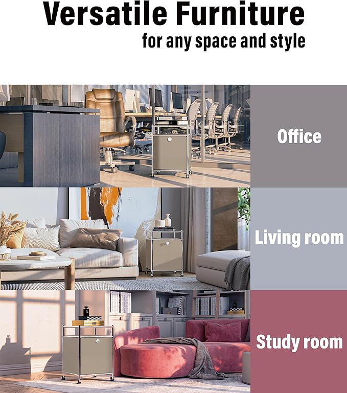 Elegant Matte Storage Cart with 22.8" Height - Perfect Side Table, Night Stand - Large Capacity with Flap Door, Detachable Wheels - Ideal for Home, Office, Bedroom, Kitchen (Taupe)