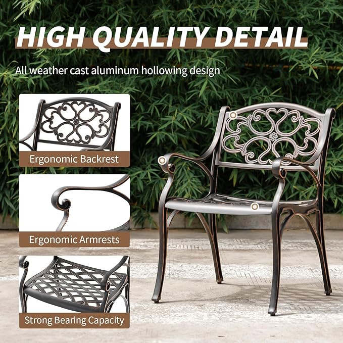 Cast Aluminum Patio Chairs, Outdoor Dining Chairs Set of 2, Patio Bistro Chairs 2 Piece with Armrests, Adjustable Feet for Balcony, Backyard, Garden
