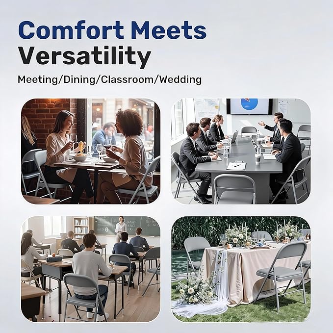 Simple Deluxe Dining Chairs Set of 4, Leather Cushion Foldable Modern Kitchen Side Chair with Padded Back& Metal Legs, Upholstered Dinner Seat Gift for Home/Living Room/Bedroom/Restaurant, Grey