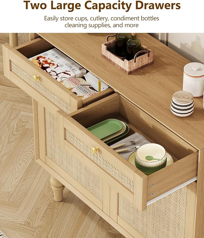35.4" Rattan Buffet Sideboard Cabinet with Storage, Boho Buffet Table with Adjustable Shelf & 2 Drawer, Floor Storage Cabinet with Solid Wood Legs for Kitchen, Dining Room and Living Room, Natural
