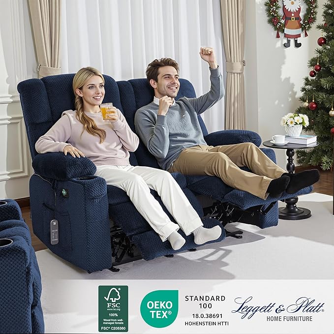 MCombo 57" Reclining Loveseat with Heat and Massage, Zero Gravity Recliner Loveseat Sofa with Dual USB Charging Ports for Living Room, Fabric 6314 (Navy Blue)