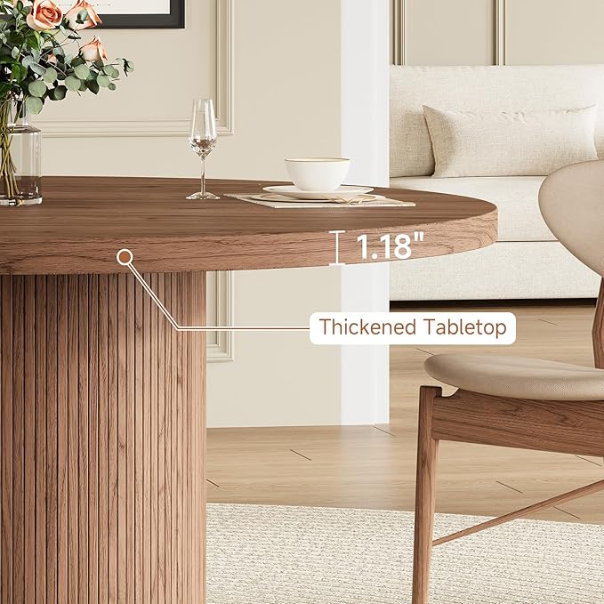 Round Kitchen Dining Table for 4-6 People, 47 inch Mid-Century Circle Dinner Tables, Rustic Wood Base in Fluted Design, Space Saving Dining Room Furniture, Large Table Only for Family Party, Walnut