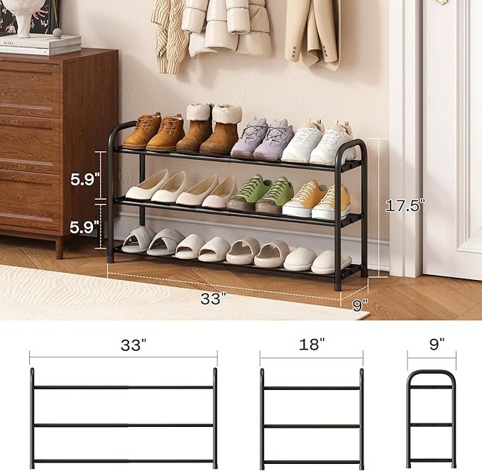 Shoe Rack for Closet, 3-Tier Expandable Closet Shoe Rack Metal Organizer, Heavy Duty Black Shoe Storage Shelf for Entryway, Doorway, Narrow Space