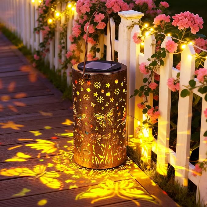Butterfly Solar Lanterns Outdoor Waterproof, Metal Lantern Garden Lights with Color Projection, Garden Decor Gifts for Mom Women Mother Grandma, Hanging Solar Lights for Yard Porch Patio (Butterfly)