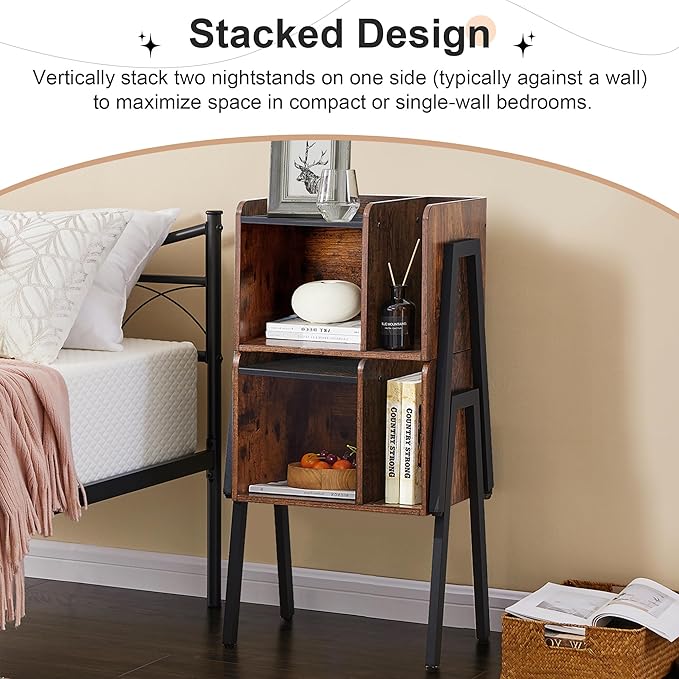 VECELO Night Stand Industrial End Table,Bedside Table with 2-Tier Open Storage Compartments,Wood Side Table with Metal Frame for Bedroom, Living Room and Small Spaces