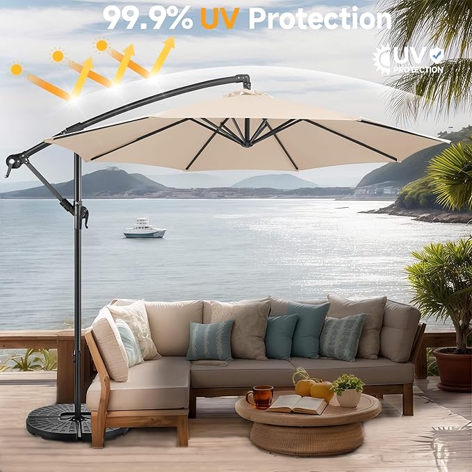FLAME&SHADE 10ft Cantilever Patio Umbrella Outdoor, Large Offset Umbrella with Crank and Cross Base, UPF 50+ UV Protection Hanging Umbrella for Pool Deck Garden, Beige