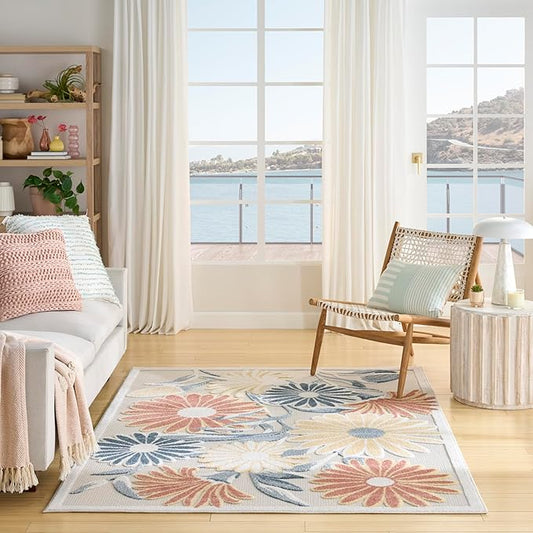 Nourison Home Aloha Ivory Rose 3'6" x 5'6" Area Rug - Easy Clean, Non Shedding, Bed Room, Living Room, Dining Room, Kitchen (4' x 6')