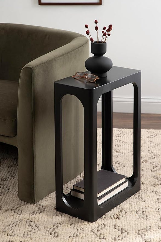 Kate and Laurel Dahl Modern Slatted Wooden Slim Side Table; 16 x 8 x 24; Black; Transitional Wood Narrow End Table for Use as Living Room Plant Stand or Small Bedroom Nightstand