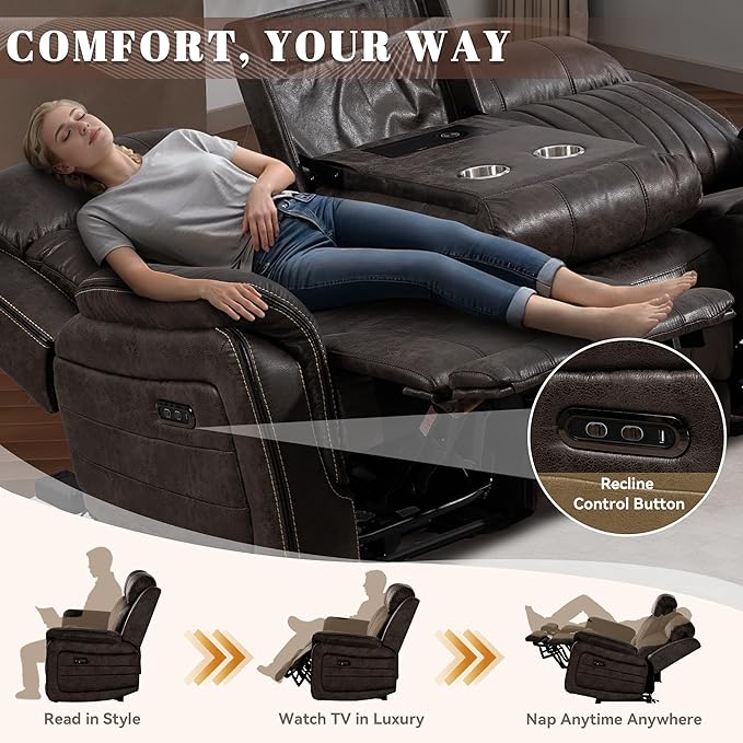 Zero Gravity Power Recliner Sofa Couch – Electric Reclining Sofa with Drop Down Table, 3 Seater Dual Reclining Couch with Adjustable Headrests for Living Room (Foil Fabric, Brownish Gray)