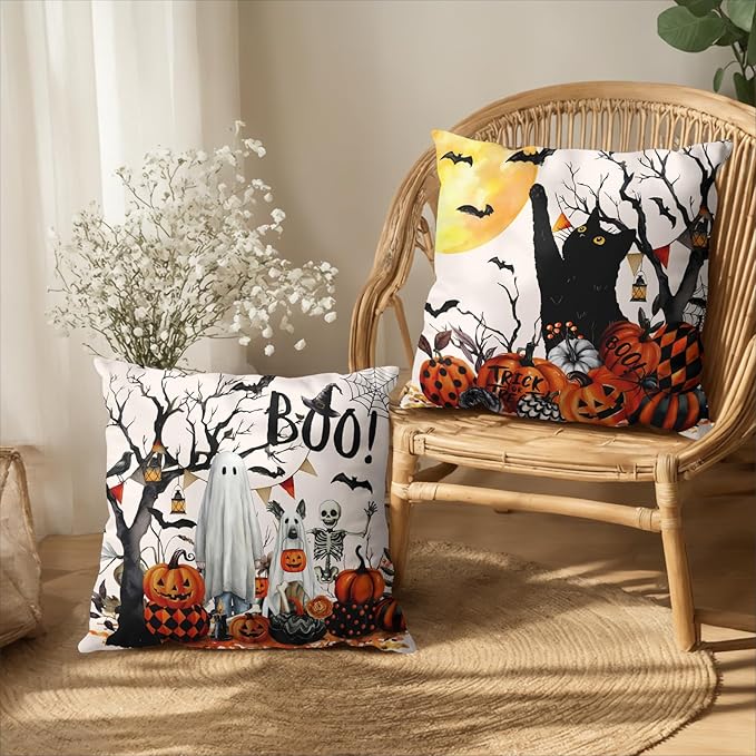 Halloween Outdoor Pillow Covers 24x24 Set of 2 Black Cat Pumpkin Moon Bat Throw Pillow Cases Ghost Spooky Boo Dog Skull Pillowcase Fall Holiday Decor for Home Sofa Couch