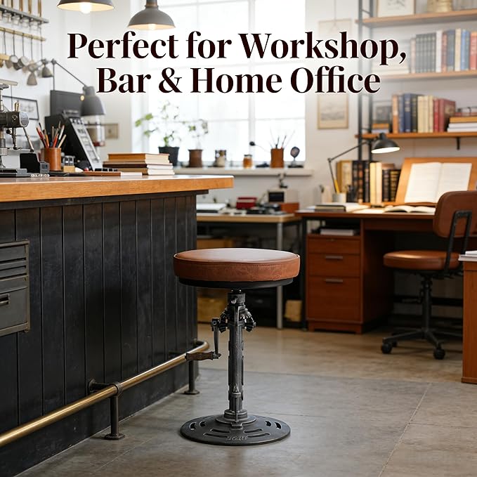 LOKKHAN American Antique Steampunk Deco Vintage Industrial Bar Cafe Stool, Retro Stylish Cast Iron Base Swivel Round Leather Top, Easily Adjusts by Crank Handle