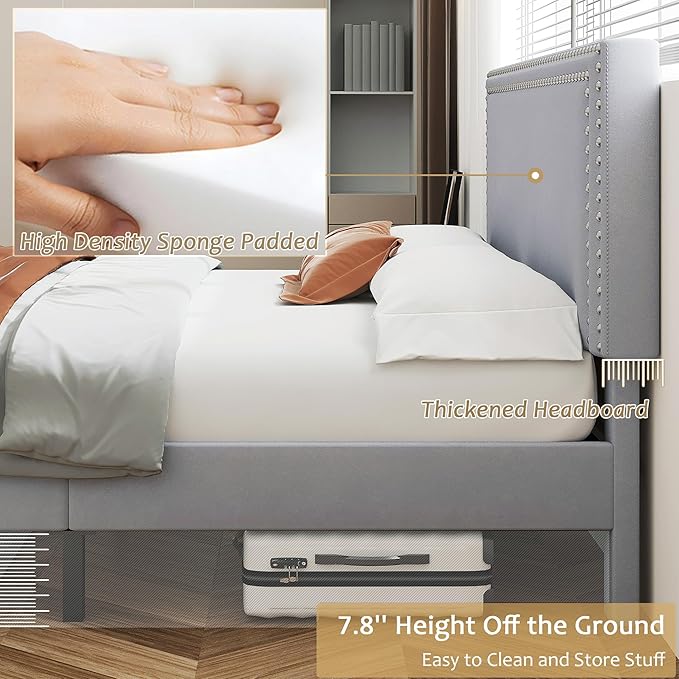 VECELO Queen Size Bed Frame with Adjustable Upholstered Headboard, Wooden Slats Platform, Noise-Free Design, Easy Assembly