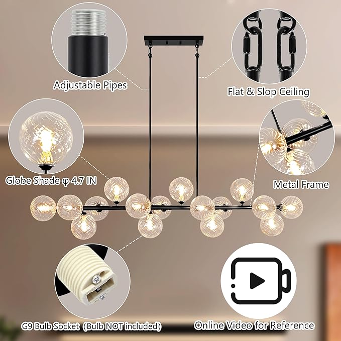 16-Light Linear Chandelier,Modern Chandeliers for Dining Room Light Fixture Large Black Sputnik Chandeliers 55" Clear Globe Sputnik Ceiling Light Fixture Large Chandelier Pendant Lights Kitchen Island