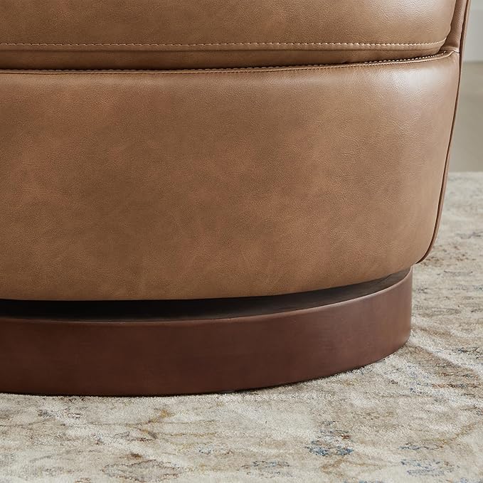 Watson & Whitely Swivel Barrel Accent Chair, Tufted Upholstered Arm Chair for Living Room and Bedroom, Faux Leather in Cognac Brown