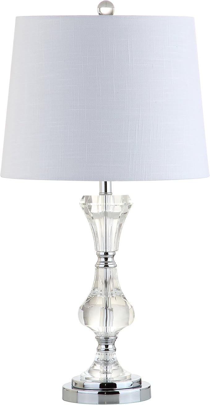 JONATHAN Y 25" Clear Crystal Table Lamp, Glam Traditional Faceted Glass Bedside Lamp for Living Room Bedroom, White Linen Shade, Chrome Accents, LED Bulb Included JYL2040A