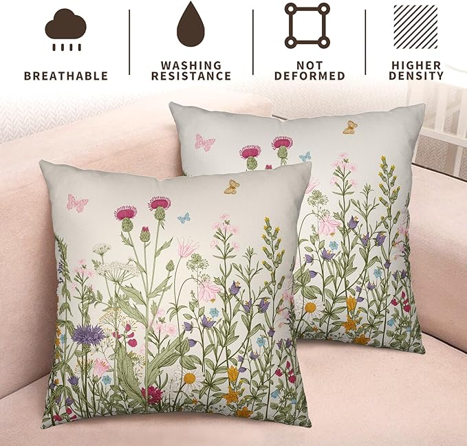 Spring Vintage Floral Pillow Covers 22x22 Set of 2 Sage Green Wildflower Plant Outdoor Throw Pillows Case Summer Rustic Wild Flowers Botanical Print Pillowcase for Farmhouse Sofa Couch Bed Decor