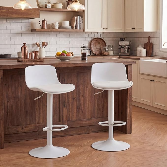 YOUNIKE Bar Stools Set of 2 Modern White PU Leather Counter Height Barstools, Swivel Adjustable Breakfast High Chairs with Back for Bar Counter and Kitchen Island