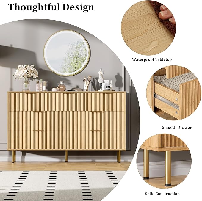 GAOMON 7 Drawer Dresser for Bedroom Chest of Drawers, 55" Wide Fluted Dresser with Drawers, Modern Wooden Double Dressers with Metal Handles for Living Room, Hallway