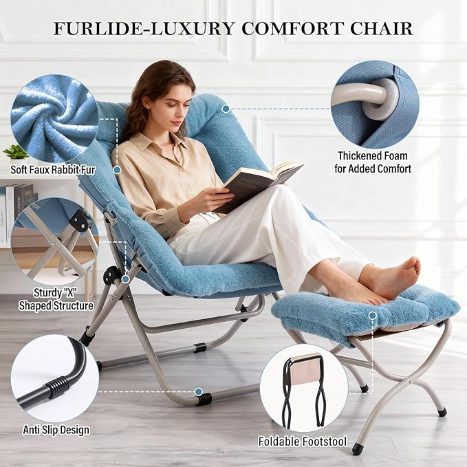 Saucer Chair With Ottoman - Oversized Folding Faux Fur, X-Large Soft Dorm, Foldable Metal Frame for Bedroom, Living Room, Study, Playroom (Blue)