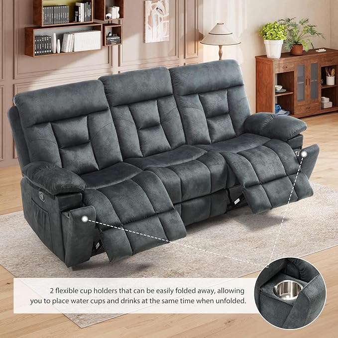 CANMOV 3 Seat Manual Recliner Sofa, Modern Reclining Sofa with Overstuffed Armrest, Hidden Cup Holders, for Living Room, Greenish-Gray