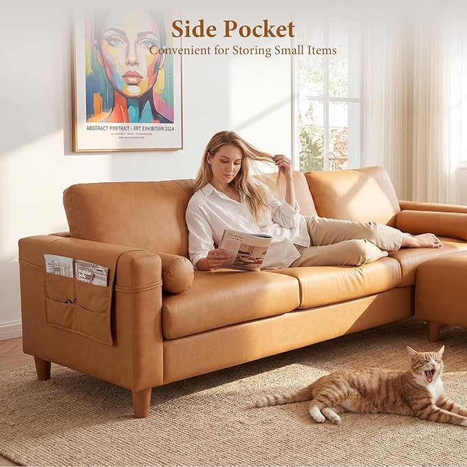 Vesgantti 100" Faux Leather Couch with Movable Ottoman, 3 Seater L Shaped PU Leather Sofa with Side Pocket, Comfy Mid Century Modern Modular Sectional Couch for Living Room, Apartment, Camel