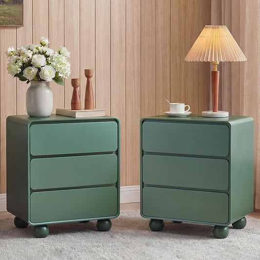 AVZEAR Set of 2 Modern3 Drawer Dresser for Bedroom, Curved Wooden Dresser Chest of Drawers, 3 Drawer Nightstand Closet Clothes Storage Organizer for Kids Bedroom, Living Room, Nursery, Green