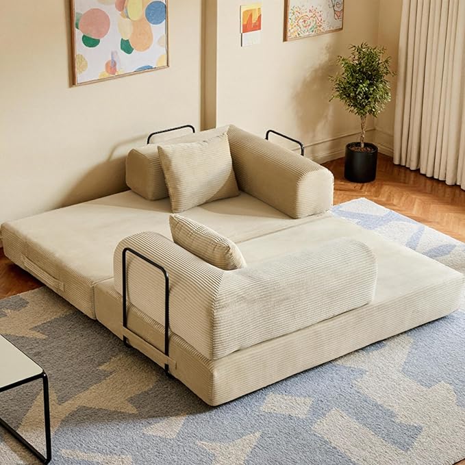 59in Convertible Sofa Bed, Corduroy Boneless Couch Bed, Futon Sleeper Sofa Pull Out Bed, Foldable Couch for Living Room Apartment, No Assembly Required
