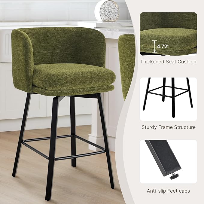 26" H Counter Height Swivel Bar Stools Set of 2, Barrel Counter Stools with Backrest, Linen Fabric Upholstered Barstools with Metal Legs for Kitchen Island,Green
