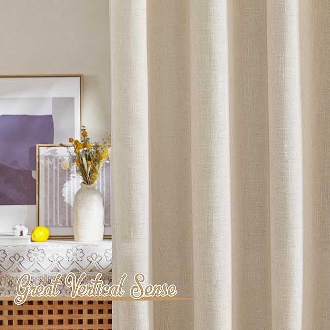 NICETOWN Linen Cream Curtains 90 inches Long, Rod Pocket & Back Tab Flax Linen Burlap Semi Sheer with Light Filtering Privacy Window Treatments for Bedroom/Living Room, W52 x L90, 2 Pieces